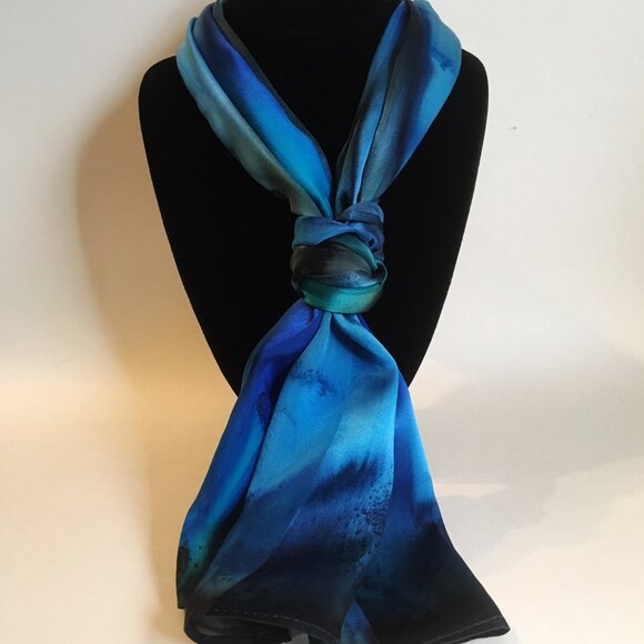 Hand Painted Silk Scarf Turquoise Dark Light Blue Rectangle Head Hair Neck New - Picture 4 of 6